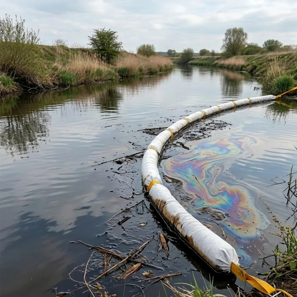 An environmental spill response scene, where a long white oil absorbent boom has been deployed across the water to contain oil spills. The overall image shows the containment of hydrocarbon or oil spill in a waterway.