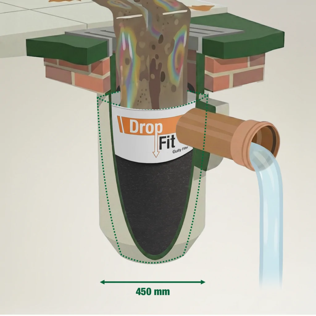 Cut Through of Gully Pot showing DropFit Oil & Sediment Gully Filter
